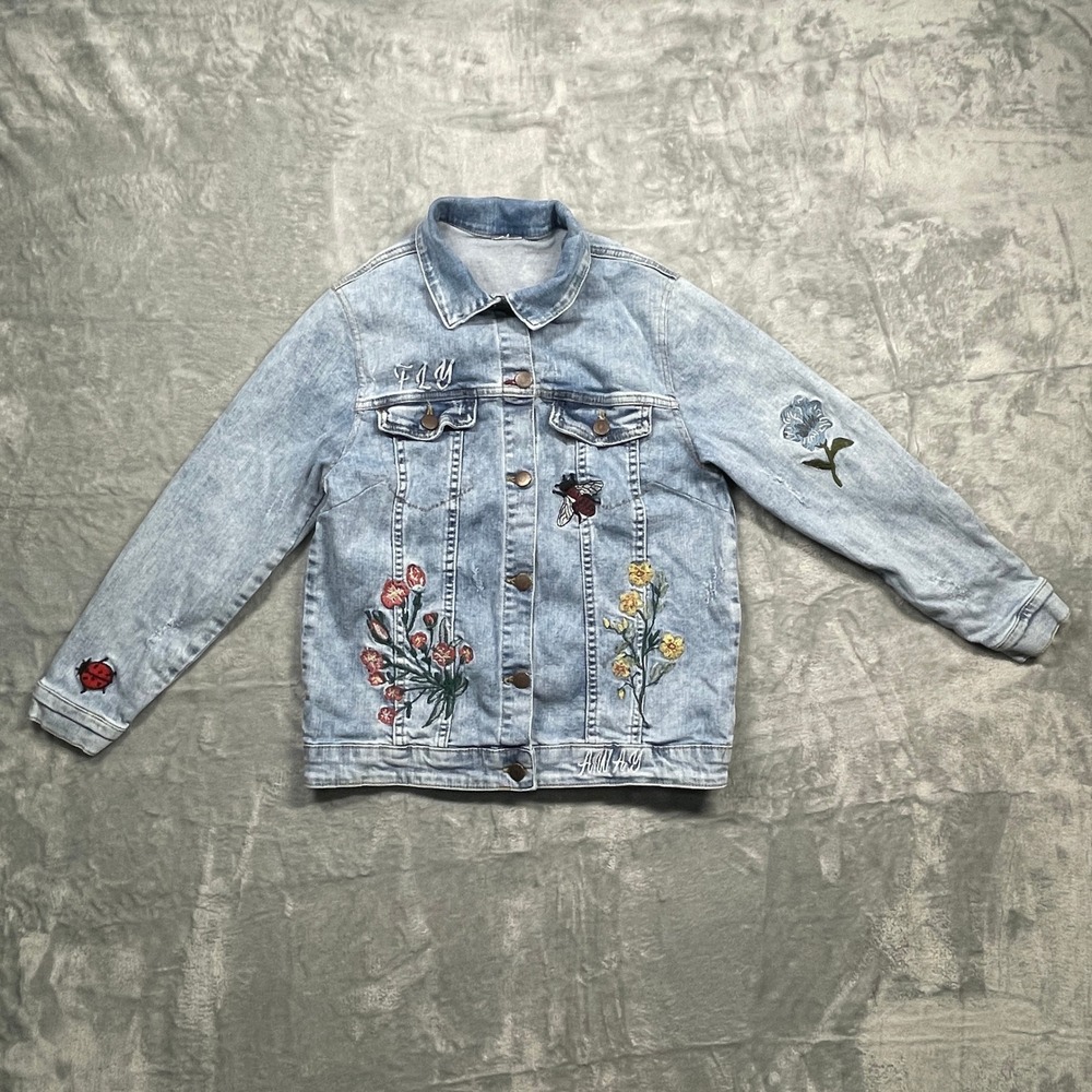 Zara Girls Embroidered Denim Jacket Light Wash Floral Bee Ladybug‎ Blue Size 14